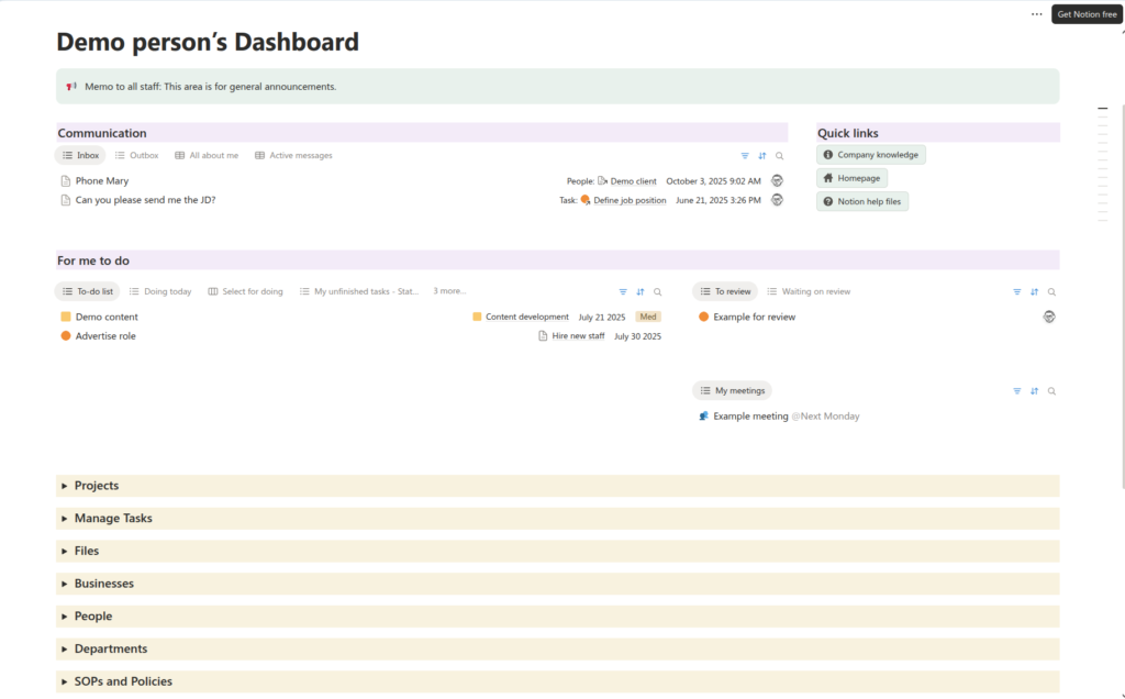 Ultimate Business Notion Setup dashboard that makes it easy to run my business